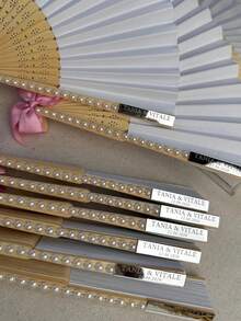 Personalized Wedding Fan With Pearl And Satin Ribbon - Customized Engraved Hand Fan As Bridesmaid Gift, Bridal Shower, Bachelorette Party Elegant Wedding Favor - Nhiều màu - Xem 2