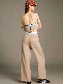Luminelle Conjunto de top bandeau y pantalones de pierna ancha para mujeres con diseño de bloques de color - Albaricoque 2 - Ver 2