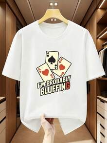 Men's 100% Pure Cotton Short-Sleeved T-Shirt With A Four-Card Playing Card Print And The Phrase "PROBABLY BLUFFING". Comfortable And Casual Short-Sleeved T-Shirt For Summer. - 白色 - 查看 6