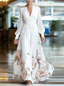 Vestido largo francés ajustado con malla combinada estampado primavera 2026 - Blanco - Ver 3