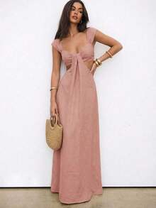 Falda larga elegante de estilo bohemio para mujer, vestido largo con cuello ancho y escote de ojo de cerradura en beige - Rosa Pálido - Ver 1