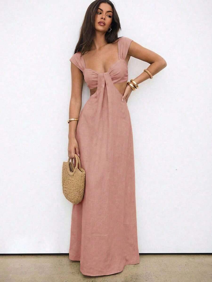 Falda larga elegante de estilo bohemio para mujer, vestido largo con cuello ancho y escote de ojo de cerradura en beige - Rosa Pálido - Ver 1