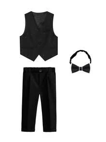 Young Boy 3-Piece Formal Suit Set, Young Boy Gentleman Outfit, Vest + Pants + Bow Tie, Suitable For School Performance, Wedding Ring Bearer, Banquet And Other Occasions - Black - View 2