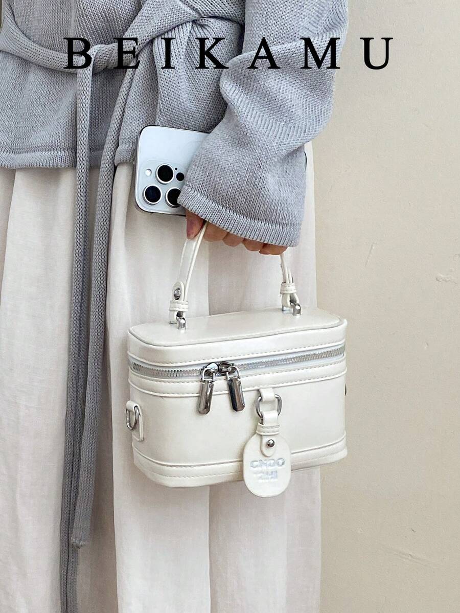 1pc BEIKAMU Rhombus Pattern Handbag Box Design, Fashionable Makeup Coin Purse, Elegant Chain Shoulder Crossbody Bag - White - View 1