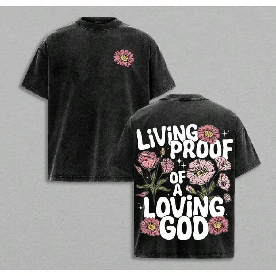 Camisetas de San Valentín, Camiseta Evidencia Viva de un Dios Amoroso con Efecto Lavado, Camiseta con Gráficos Florales Cristianos, Camiseta con Versículo Bíblico de Fe y Amor, Ropa Religiosa de Jesús, Atuendo Inspirador para la Iglesia - Negro - Ver 1