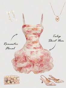 Vestido de mujer con estampado floral, ajustado, con pliegues y dobladillo abullonado de organza - Multicolor 3 - Ver 2