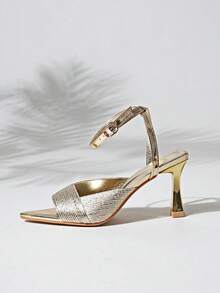 Women's Fashion Metal Shiny Gold Elegant Pointed Toe Mule Ankle Strap High Heel Sandals - Suitable For Party And Wedding Attire - Gold - View 9