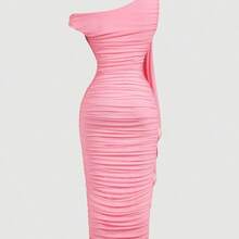 . .  MOD Vestido de longitud media ajustado con cuello asimétrico y volantes con estampado floral elegante para mujer - Lila Púrpura - Ver 3