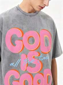 1 X 230g Pure Cotton Washed T-Shirt, Men's Casual Fashion, With 'GOD IS GOOD All The Time' Print, Outdoor Sports T-Shirt. | Loose Fit | Soft Knit T-Shirt | Loose Fit | Casual Holiday Wear 180g 100% Cotton - 灰色 - 查看 4