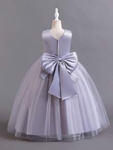 Girls' Sleeveless Long Princess Dress With Big Bow, Suitable For Birthday, Runway, Wedding, Christmas Party, Performance - Grey - View 5