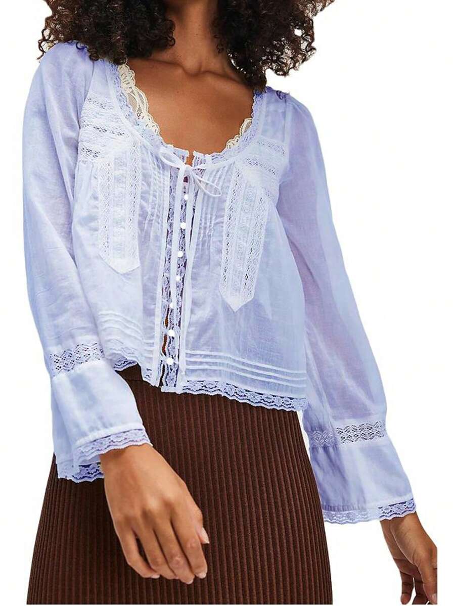 Women's Lace Trim Long Sleeve Blouse Scoop Neck Tie Front Pleated Sheer Flowy Peasant Top Victorian-Inspired Cropped Shirt with Bell Cuffs for Boho Cottagecore Styling Layering  Everyday Feminine Outfits - Morado - Ver 1