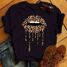New Women's T-Shirt With Pink Lips And Leopard Print, Casual Style, Round Neck, Sexy, Black, With Kiss Design, Fun, For Girls, Dropshipping - 藍色和黑色 - 查看 4