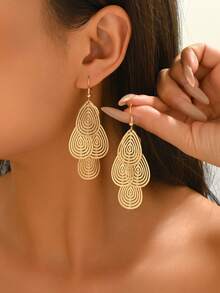1 Pair Women's Fashion Minimalist 4-Piece Geometric Hollow Earrings, Versatile Daily Wear - Gold - E1397 - View 2
