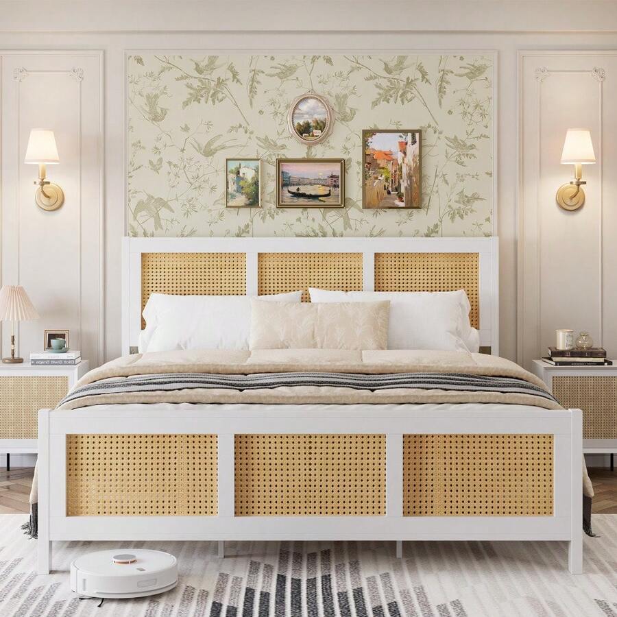 Cama moderna de ratán para dormitorio – Estructura resistente – Diseño elegante y cómodo – Ideal para habitaciones contemporáneas - Blanco - Ver 1