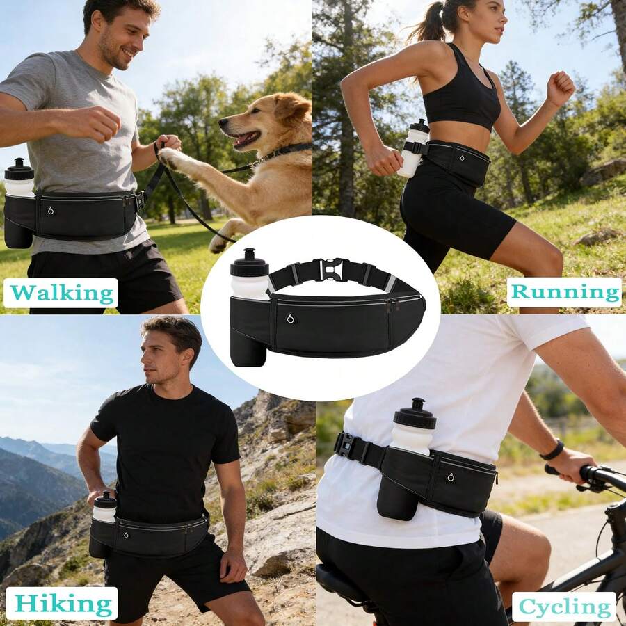 RunningBeltwithWaterBottleHolder-HighCapacityWaistPack(With Phone Pocket)ForMenWomenandTeensIdealforHikingRunningFitnessSportsTravelandDailyWalking; Lightweight, Contoured Fit Design; Available In Black, Gray, And Pink. - Black - View 1