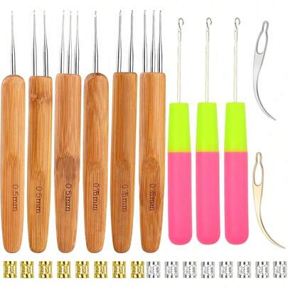 Bộ kim móc bền chắc, nhiều loại kim móc cỡ nhỏ với dụng cụ móc nối tiện dụng, lý tưởng cho việc tết bím, làm thảm và các sản phẩm thủ công mỹ nghệ.
