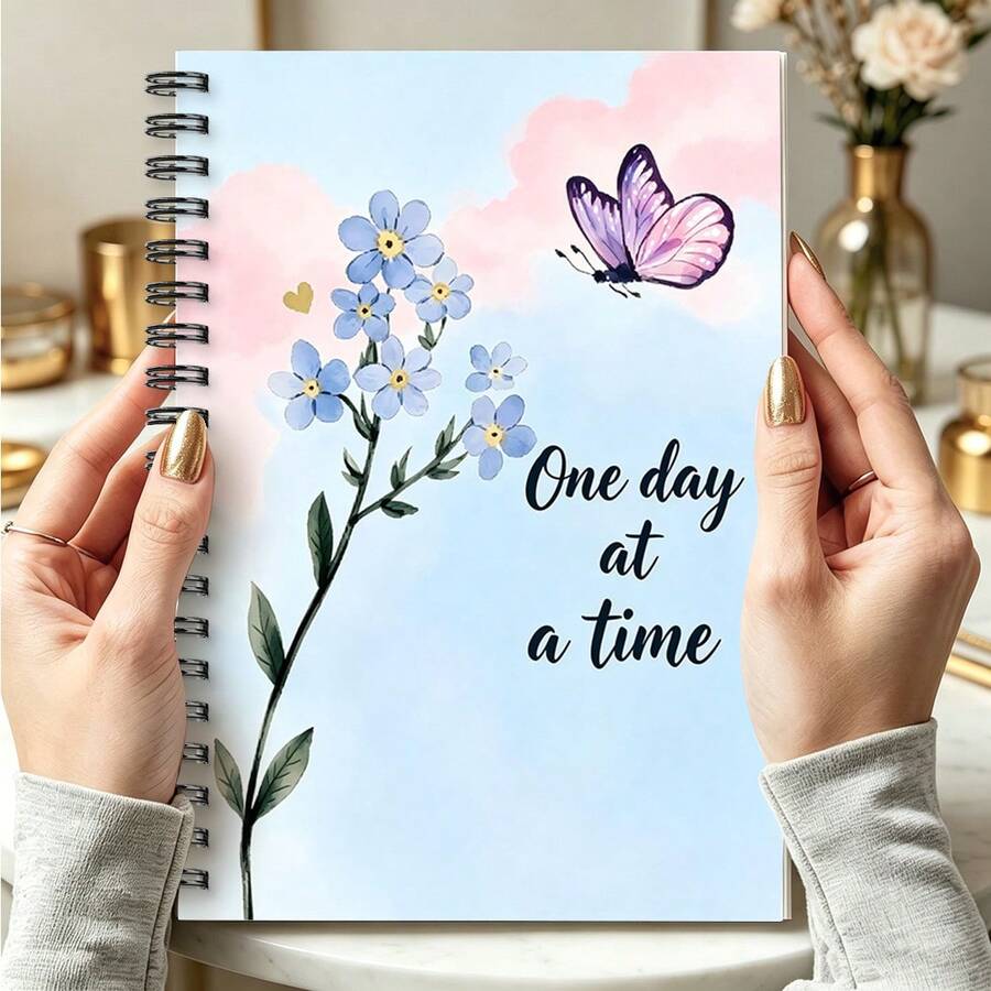 1pc A5 Notebook, Watercolor Forget-Me-Not & Purple Butterfly Healing Slogan Cover, Spiral Bound Journal, Suitable For Back To School, Daily Notes, Mood Writing - A5 - View 1
