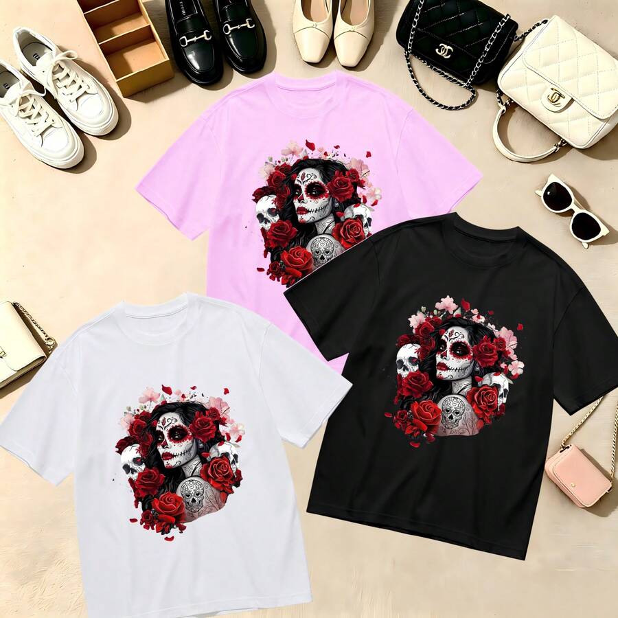 Choose One Of The Three Sets Women's T-Shirt Sugar Skull Rose Print 100% Cotton Oversized Soft Breathable Casual Crewneck Short Sleeve Top Retro Edgy Summer Vibes - 白色 - 查看 1