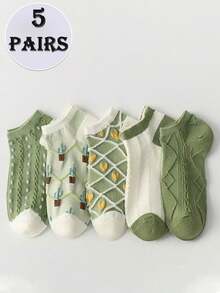 5/10/15 Pairs Fresh Matcha Green Women's Short Socks, Cactus Heart 3D Textured Low-Cut Socks, All-Season Versatile Daily Wear - Multicolor - View 7