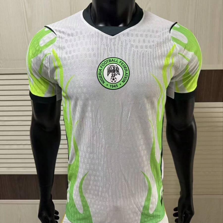 2026 World Cup Nigeria Away Soccer Jersey, White/Green Flame Pattern Football Shirt, Unisex Casual Streetwear, Great For Fans & Daily Use - Mặc định - Xem 1