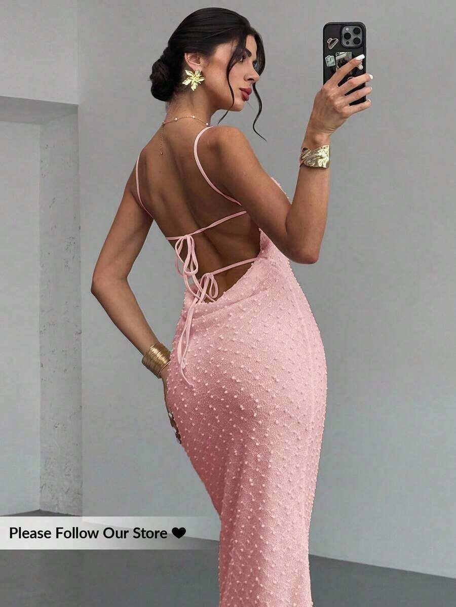 xheFirerie Vestido elegante y sexy con cuello drapeado, espalda descubierta y cintura anudada, en color albaricoque texturizado, adecuado para primavera/verano, playa, ir al trabajo, elegante, sexy, vacaciones, playa, estilo bohemio, Hawái, citas, fiestas, conciertos, eventos, temporada de bodas, festivales de música, ceremonias de graduación, bailes de graduaciónxhe - Rosa - Ver 1