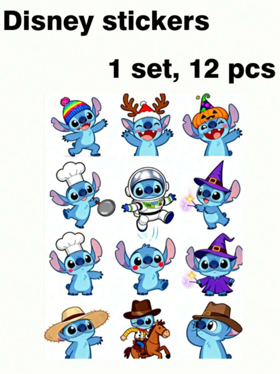 Disney Cute Stitch Themed Self‑Adhesive Stickers, 12 Pcs Kawaii Cartoon Decorative Decals Adorable Blue Stitch Stickers With Varied Fun Outfits-Chef, Astronaut, Cowboy, Witch, Holiday Styles. Waterproof Self‑Adhesive Decals Perfect For Journals, Laptops, Water Bottles, Phone Cases, Scrapbooking & DIY Craft Decoration, Lovely Gift For Stitch Fans. - Sticker - View 1