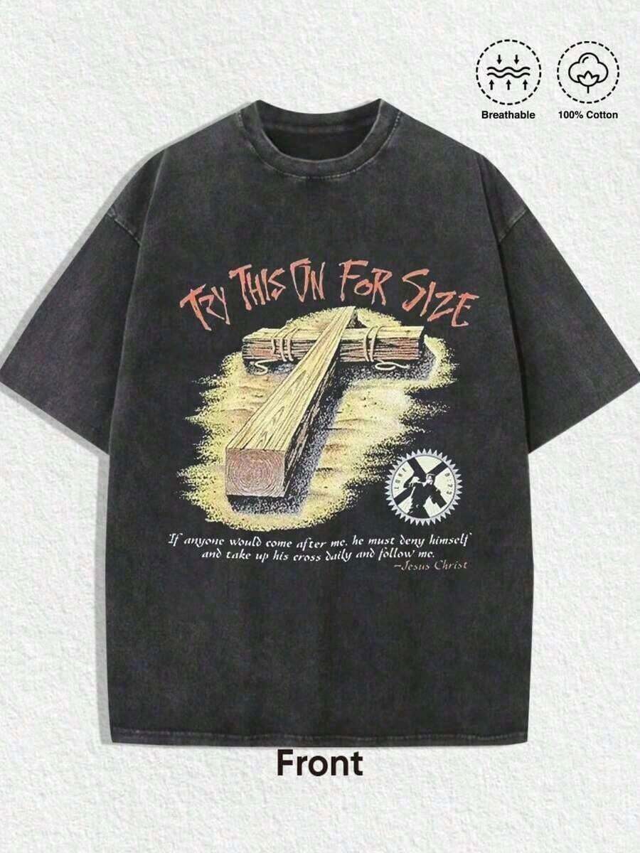 Ropa; Camisetas de Verano 1 Pieza Camiseta con Gráfico Religioso "Pruébalo Para Ver la Talla - Cruz de Madera": Con acabado vintage desgastado, estampado de letras llamativas "Pruébalo Para Ver la Talla" en tono coral, ilustración artística de cruz de madera con detalles texturizados, combinada con un verso bíblico inspirador ("Si alguien quiere seguirme, debe negarse a sí mismo y cargar su cruz diariamente y seguirme"). Confeccionada en 100% algodón transpirable, perfecta para añadir un toque espiritual y nostálgico a tus atuendos durante las celebraciones de Pascua, eventos religiosos o uso diario. Ropa de Verano MJAO - Negro - Ver 1