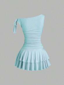 fsfvgsSweetra Vestido de moda con decoración de flor de metal, hombros y bajo fruncidossbfb s C9QO - Azul cadete - Ver 2