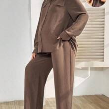 2 piezas Conjunto de maternidad: Camisa de manga larga con botones de unicolor y pantalones con cintura ajustable, informal - Verde militar - Ver 8