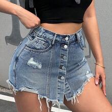 guang zhou mi qian shang mao  ICON Short de mezclilla para mujer, falda-pantalón casual ajustada, azul - Azul lavado oscuro - Ver 2