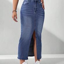guangzhougaolangshangmao  Falda vaquera casual de mujer con bolsillos y abertura lateral - Gris - Ver 6