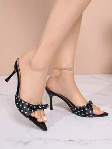Black Polka Dot Satin Bowknot Pointed Toe Stiletto Mule Shoes, Suitable For Workplace, Dating, And Daily Wear, Elegant Design - Black - View 8