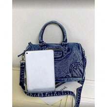 New Vintage Washed Denim Crossbody Bag, Casual Y2K Style Shoulder Bag, Dual Handle Tote Bag, Compact Design With Large Capacity, Suitable For Work Commute, Shopping, Travel And Back To School, Fashionable Street Style Bag, Medium Size Denim Crossbody Bag, Perfectly Fits Denim Girl Style - 藍色的 - 查看 4