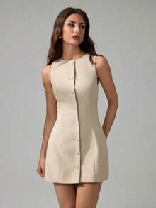 Women's Tall Sleeveless Button Front Mini Dress - Apricot - View 6