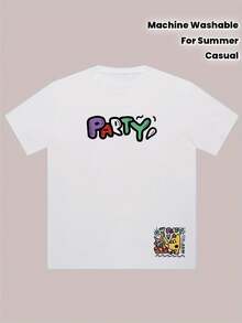 Cotton T-Shirt With Party Print - Casual Crew Neck, Short-Sleeved Shirt For Men & Women, Machine Washable - Perfect For Summer. - White - View 2