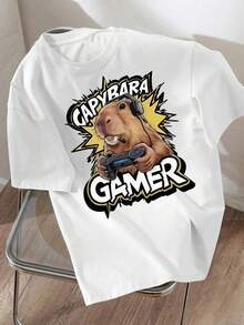 Camiseta de manga corta, nueva de primavera/verano, de holgado, casual, a la moda, versátil, estilo urbano, con estampado genial de carpincho de dibujos animados de anime,uso diario - Blanco - Ver 5