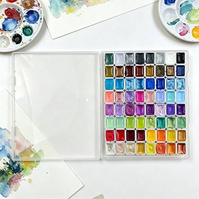 Bộ 64 màu sơn nước ánh ngọc trai thủ công nguyên chất, màu kim loại và màu đặc, bột màu nước bóng mượt tiện dụng, dụng cụ vẽ thư pháp cho trường học [Dành cho mục đích chuyên nghiệp]