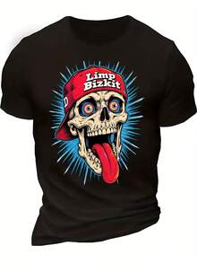 Limp Bizkit Skull Graphic T-Shirt For Men - Black Crew Neck T-Shirt With Red Cap Skull, Soft And Breathable Tee For Concerts, Festivals, Everyday Streetwear - Retro Gift From The Rap Rock Band - 黑色 - 查看 1