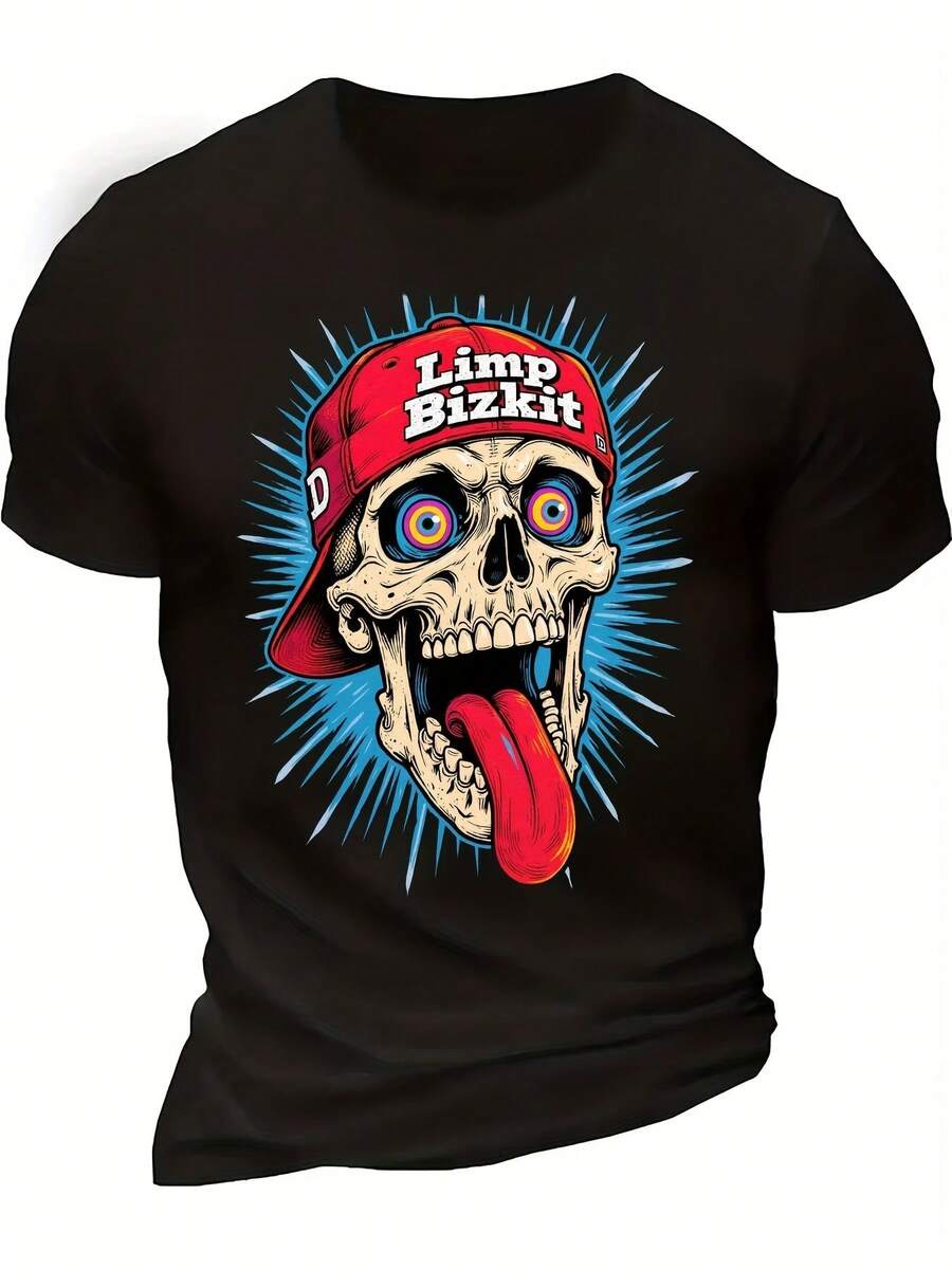 Limp Bizkit Skull Graphic T-Shirt For Men - Black Crew Neck T-Shirt With Red Cap Skull, Soft And Breathable Tee For Concerts, Festivals, Everyday Streetwear - Retro Gift From The Rap Rock Band - 黑色 - 查看 1
