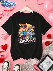 DISNEY Women's Official Zootopia Nick & Judy  T-Shirt - Judy Hopps & Nick Wilde Badge Print Casual Tee, Spring Summer Outfits, Sizes XS-XXL (For Zootopia Fans) - 黑色 - 查看 1