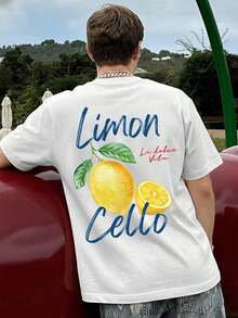 FRACTYR Camiseta de Manga Corta para Hombre, Estilo Casual de Verano, Corte Holgado, Estampado de Doble Cara Amarillo Limón, Cuello Redondo - Blanco - Ver 2