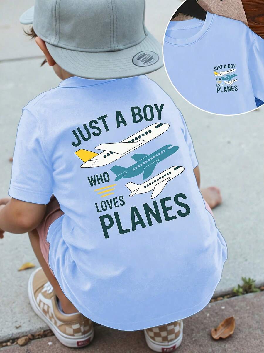 Fashionable Short-Sleeved T-Shirt With Front And Back Prints For Children Aged 1-14 Years, "A Child Who Loves Airplanes", A Comfortable And Versatile T-Shirt For Everyday Wear - 藍色 - 查看 1