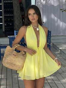 Elegant And Sexy Backless Mini Dress For Women, Stylish White Beach Resort Dress, Summer Beach Outfit - 黃色 - 查看 8