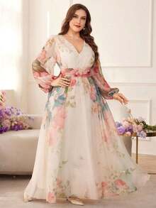 Vestido de línea A con cintura ceñida y estampado floral para mujer de talla grande - Multicolor - Ver 2
