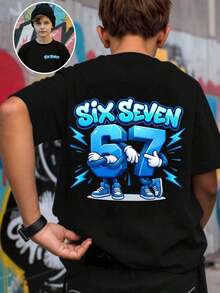 GraphicGems Boys' Basic Short Sleeve T-Shirt, Casual, Elegant, Creative, Personalized, Refreshing, Chic, Minimalist, Cool Style, With Digit 67 Football Graphic Print, Comfortable Clothing For Daily Wear, Cozy Summer And Autumn Styles, Suitable For 7 Year Olds, Graphic Clothing For Boys, Hip Hop Clothing For Boys. - 酒紅色 - 查看 8