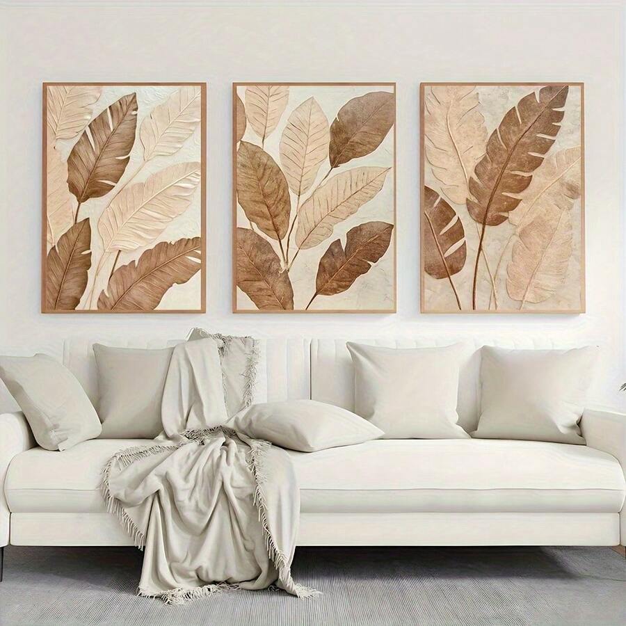 3pcs Set Abstract Leaf Canvas Prints In Rice Brown - Frameless Wall Art For Living Room, Bedroom, Dining Area - Perfect Home Decor Gift, For Autumn - 222 - View 1