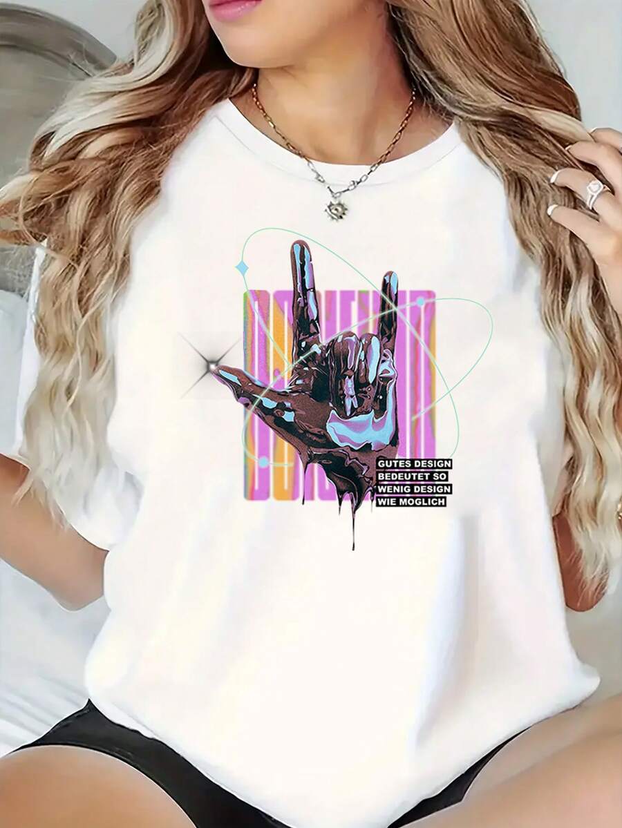 Women's Casual Summer T-Shirt With Rock Gesture Print, Round Neck, Short Sleeve, 100% Cotton, 220g Thick Cotton - 白色 - 查看 1