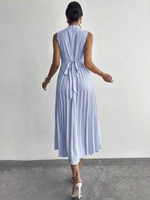 Vestido de línea A con cuello swing, sin mangas y con volantes/Falda paraguas/Ropa de vuelta al colegio/Ropa escolar/Fiesta/Estilo de mujer de dinero antiguo/Atuendos para salir/Atuendo de fiesta para mujer/Atuendos de oficina para mujer/Falda color albaricoque imitación - Celeste - Ver 7