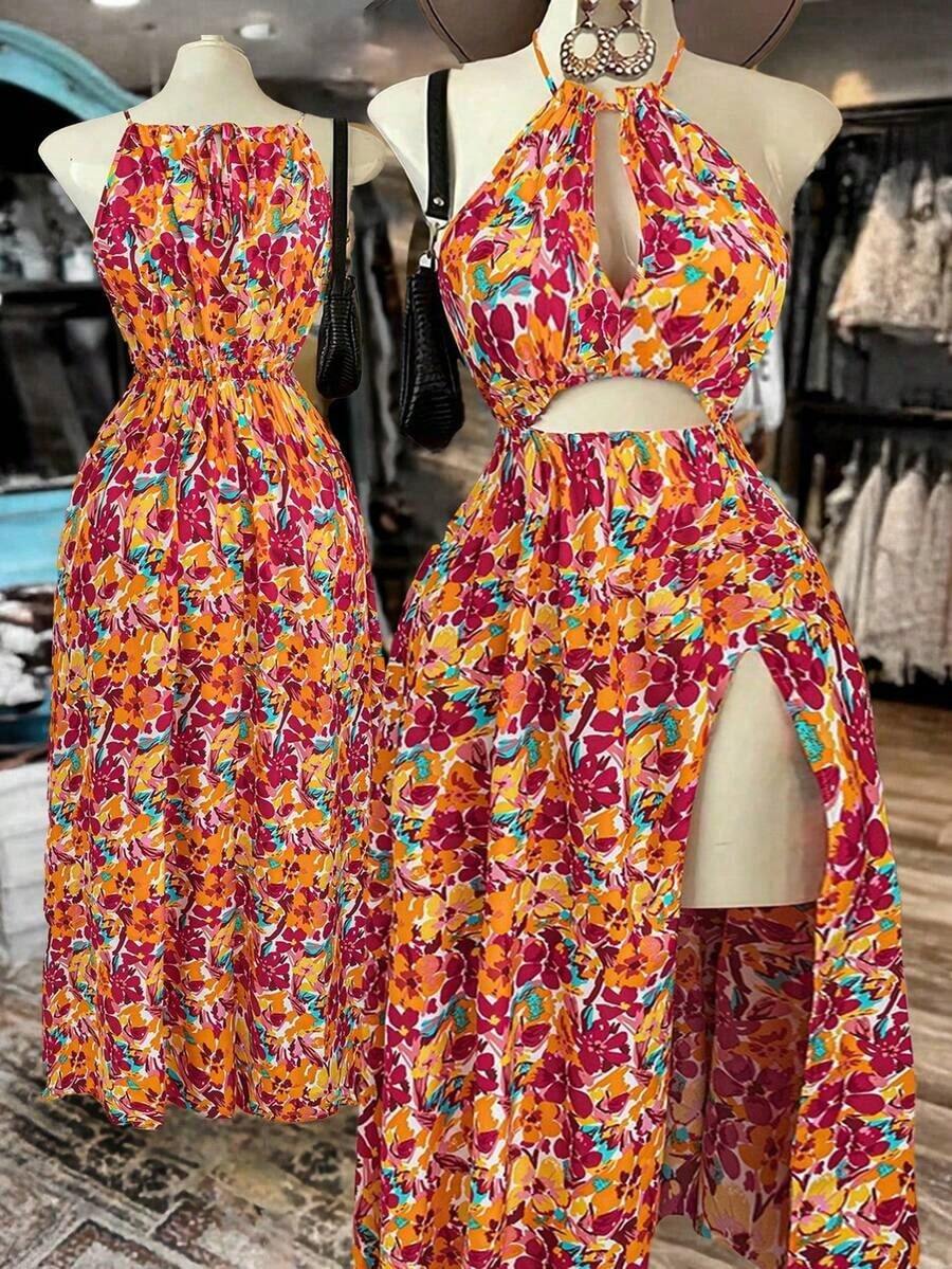 Vestido maxi de mujer talla con abertura y escote halter, romántico francés, lindo, elegante, vintage con estampado floral verde pequeño para verano y playa - Multicolor - Ver 1