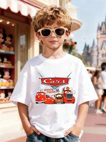 Disney Official Licensed Cars Kids T-Shirt, 100% Cotton, Ultra Comfort & Super Soft, Lightning McQueen & Friends Graphic Print, Unisex 4-12Y, Relaxed Fit, Stylish, Daily Casual Wear, Birthday/ Holiday/ Souvenir Gift, High-Profile, High Turnaround Rate, Everyday Essential, Express Delivery - trắng - Xem 1